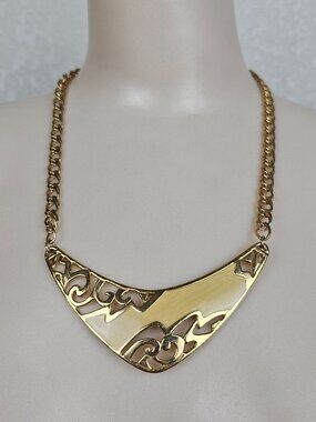 Avon Gold Tone Crescent V‎ Bib Necklace Yellow Enamel Scrollwork 80s 90s Vintage